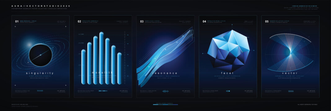 Minimalist vector poster suite showcasing modern design elements with geometric shapes and smooth lines in a dark setting