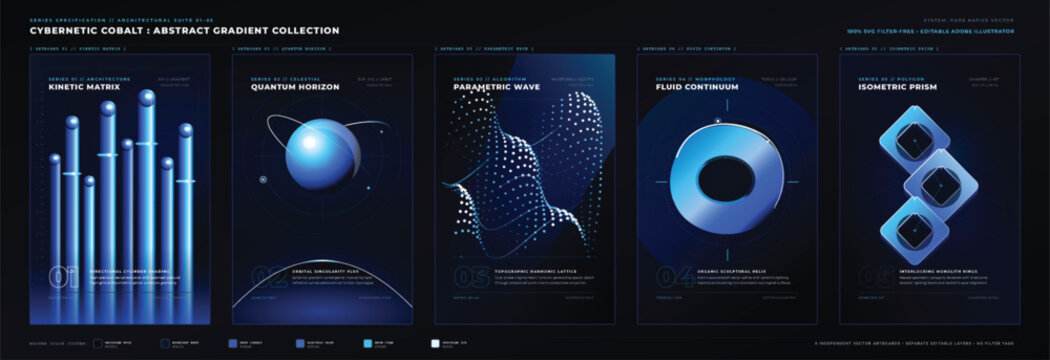 Cybernetic cobalt abstract gradient suite shows different designs and shapes in a modern digital format