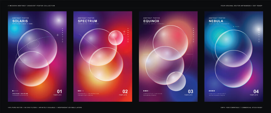 Lumina Abstract Poster Collection featuring Solaris, Spectrum, Equinox, and Nebula in a colorful and modern design