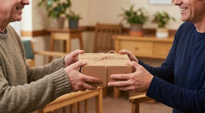 Two men exchanging a wrapped gift box indoors. Giving Tuesday charity concept