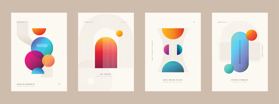 Modern abstract geometric posters set with various shapes and colors displayed on a neutral background