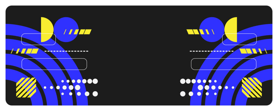 Bold Abstract Geometric Design with Blue Arcs, Yellow Half Round, White Dots and Contemporary Elements
