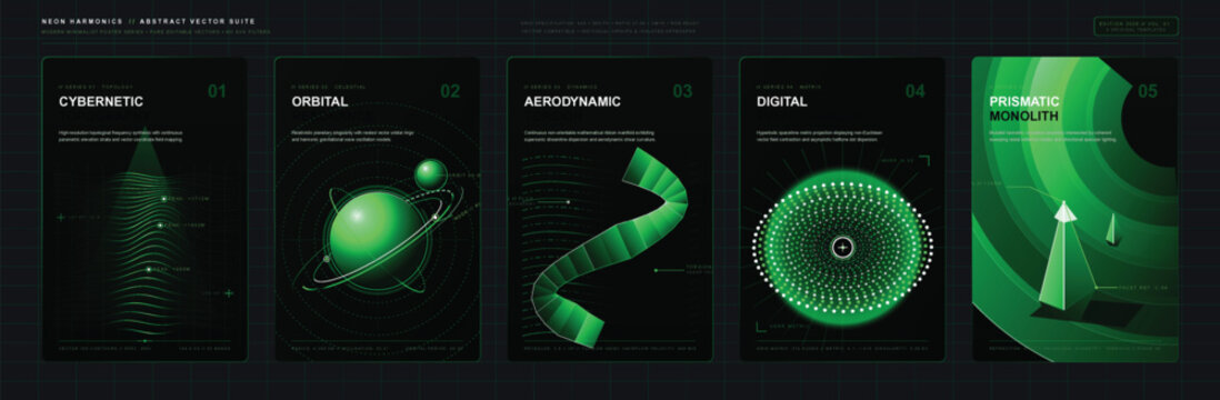 Noir abstract poster collection featuring designs related to cybernetic, orbital, aerodynamic, digital, and prismatic themes for modern art enthusiasts