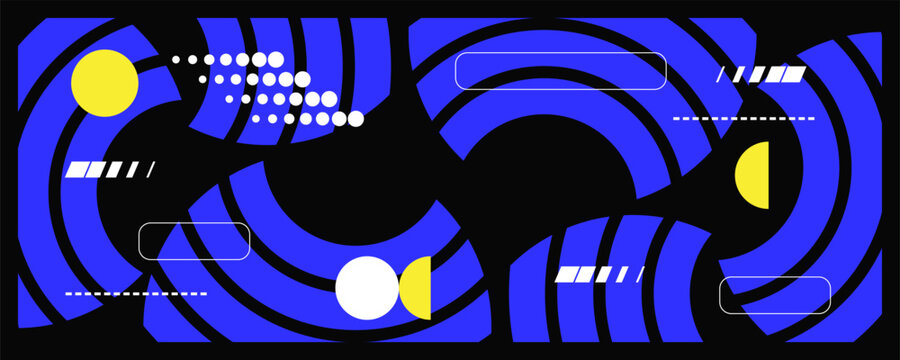 Abstract Modern Background with Bold Blue Circular Shapes, Yellow Accents and Minimalist Graphic Elements