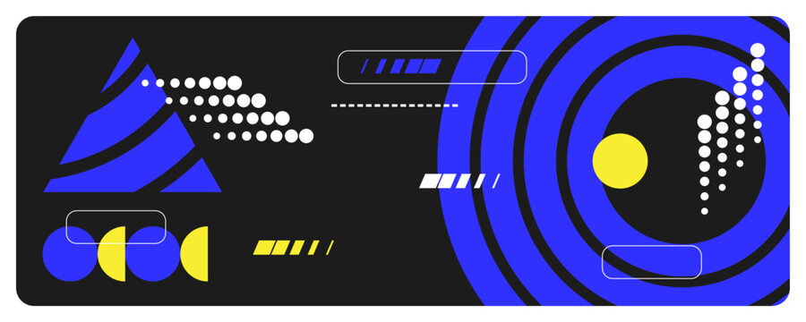 Minimal Abstract Background with Blue Circular Shapes, and Dynamic Geometric Elements on Black Background. For Sport or Event Banner