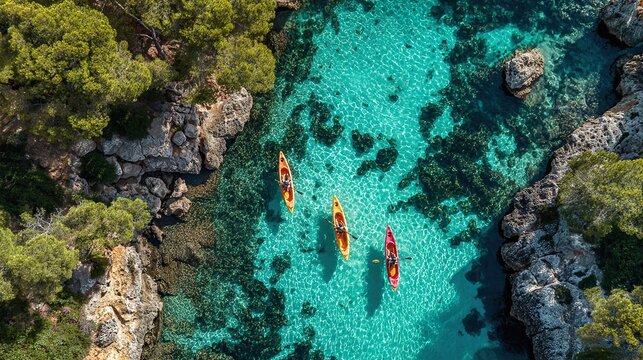 Aerial view of colorful kayaks in crystal clear turquoise water along rocky coastline.