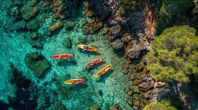 Aerial view of colorful kayaks in crystal clear turquoise water along rocky coastline.