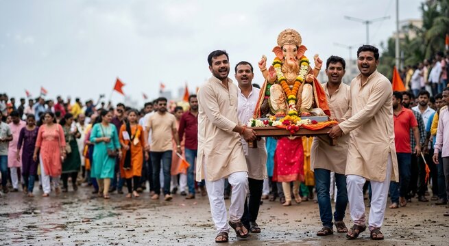 Ganesh Visarjan procession on a beach. September festival theme