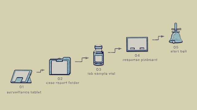 Epidemiological surveillance turns a detected anomaly into a documented case, laboratory confirmation, coordinated dashboard action, and notification. Flat 3D style with a coloured pencil texture