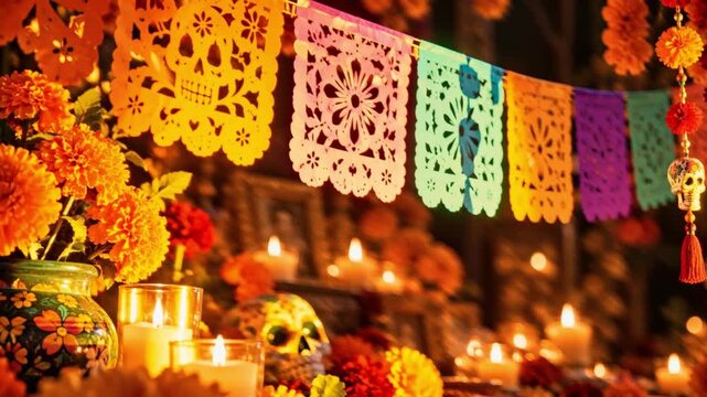 Colorful papel picado banners and marigolds on an altar with candles  