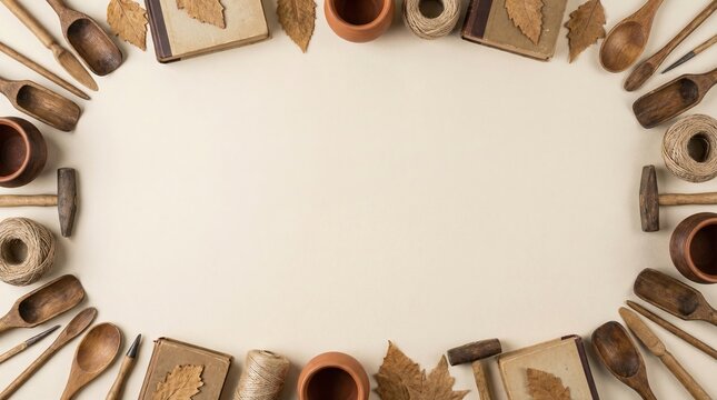 Rustic craft border layout with wooden scoops twine spools and old books