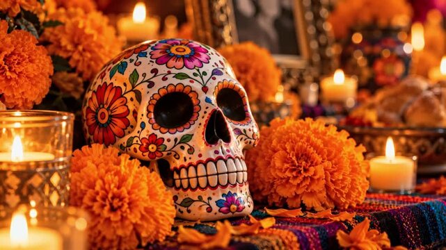 Colorful sugar skull with marigolds and candles for D&iacute;a de los Muertos  