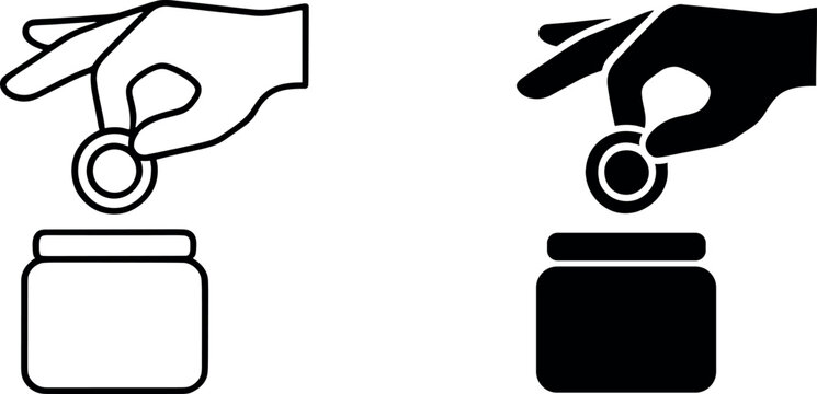 Hand putting coin in money jar savings icon set for finance concept budget planning and charity donation graphic design
