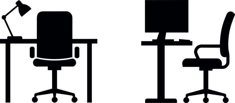 Modern office workstation silhouette icon set featuring computer desk lamp and ergonomic chair for remote work concepts