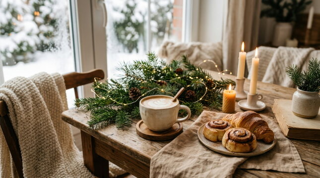 Cozy winter morning breakfast scene with warm coffee and fresh pastries on a rustic wooden table