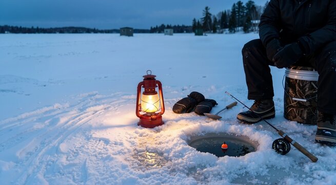 Lantern illuminating ice fishing hole on frozen lake. Ice fishing concept