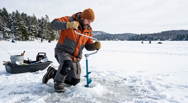 Man drilling a hole in ice with an ice auger for ice fishing. Ice fishing theme