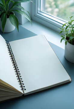 Mindfulness and productivity, open blank notebook on desk with indoor plants for creative planning and goal setting in a bright home office workspace