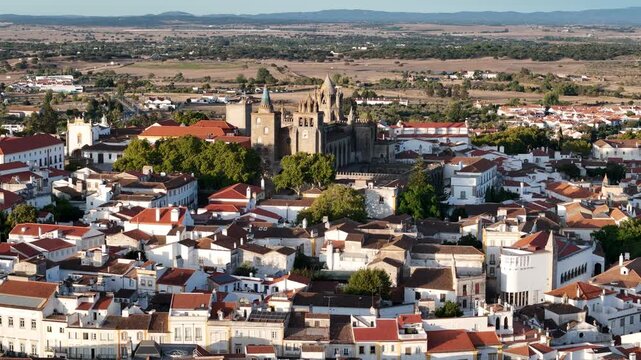 Aerial view of Evora Cathedral and historic city, Portugal.