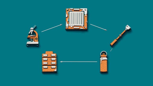 Wastewater surveillance moves drainage specimens through collection, laboratory screening, and district-level signal assessment for public-health monitoring. Flat 3D style with smooth matte surfaces.