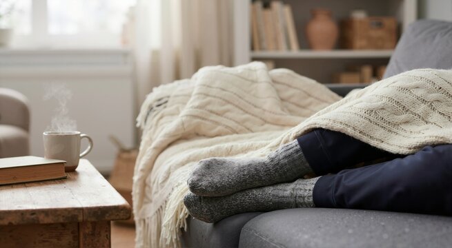 Feet in cozy grey socks resting on a sofa under a thick knitted blanket. Winter slump and relaxation concept