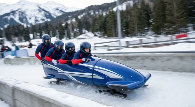 Bobsled team speeding down track. Winter sports theme