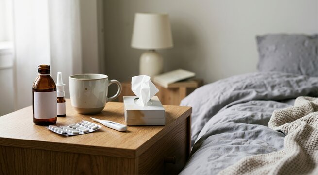 Bedside table with medicine and tissues during cold and flu season. Healthcare theme