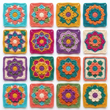 Exquisite collection of vibrant crochet granny squares, intricately designed with mandala-inspired floral motifs, highlighting the beauty of handmade textile arts and traditional crafting
