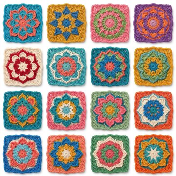 Colorful granny square crochet items arranged in a neat grid pattern, showcasing vibrant handmade patterns and intricate yarn craft designs on a clean white background
