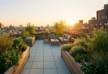 Obraz premium Urban gardening and sustainable city living, rooftop terrace with wooden furniture and lush plants at sunset for relaxation and outdoor lifestyle