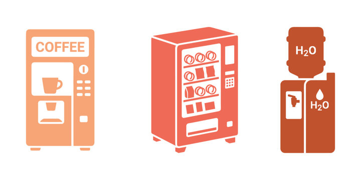 Hospital cafeteria and vending machine vector icon set featuring a coffee dispenser, snack vending machine, and water cooler.