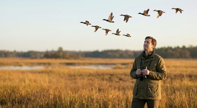 Man holding binoculars watching a V-formation of migrating ducks. Bird watching theme