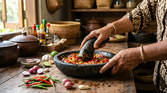 Chef preparing sambal paste in traditional copper mortar with fresh chili and spices in rustic kitchen