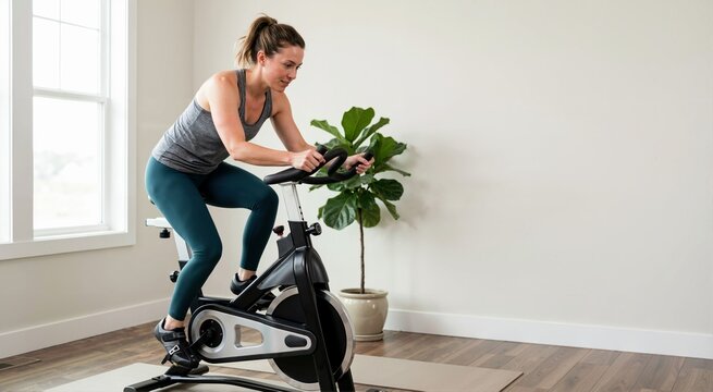 Fitness woman exercising on indoor cycling bike at home. Staying active indoors concept