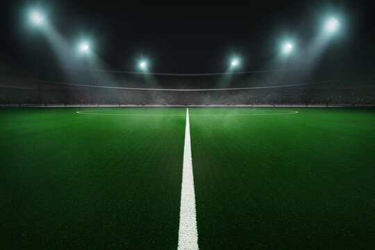 Textured big soccer game field with dmog or fog - center, midfield