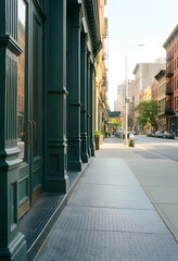 Obraz premium Urban development and city living, empty sidewalk along historic storefronts in a quiet metropolitan neighborhood during golden hour morning light