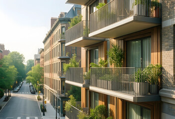Obraz premium Urban living and sustainable architecture, modern apartment building with green balconies and plants in a quiet city street during golden hour sunlight