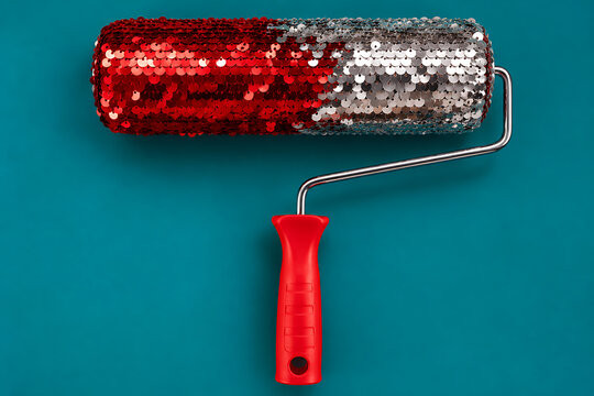 Paint roller covered in red and silver sequins lies on teal surface