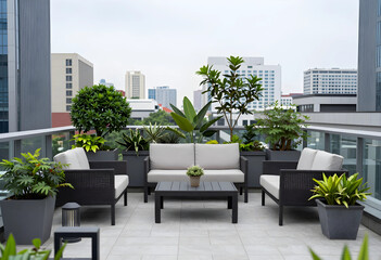 Fototapeta premium Urban lifestyle and outdoor living, modern rooftop terrace with lounge furniture and potted plants overlooking a city skyline for relaxation and leisure