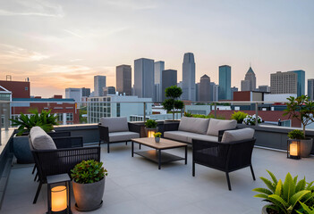 Obraz premium Urban lifestyle and luxury real estate, rooftop terrace with modern furniture overlooking a city skyline at sunset for high-end residential living