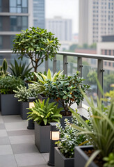 Fototapeta premium Urban gardening and sustainable living, modern balcony terrace with potted plants and outdoor lighting in a high rise apartment building city landscape