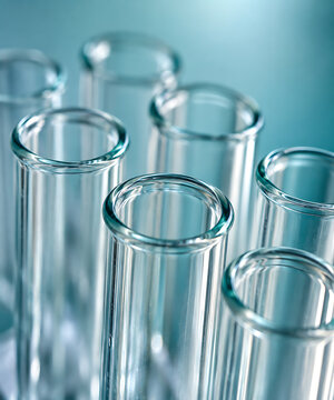 Multiple laboratory test tubes stand closely together against a teal backdrop glassware