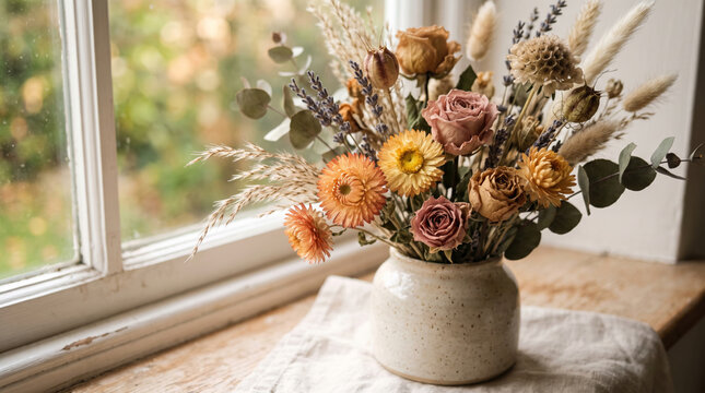 Dried flower arrangement in a vase on a windowsill with soft outdoor bokeh