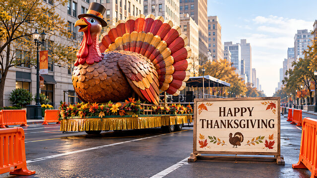 Giant inflatable turkey float in city parade for thanksgiving holiday celebration with thanksgiving celebration festival tradition inflatable gathering celebrate seasonal festivities