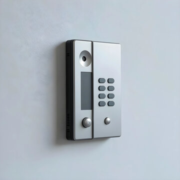 Home security and access control, modern video intercom system with keypad and camera mounted on a wall for residential building entry and safety