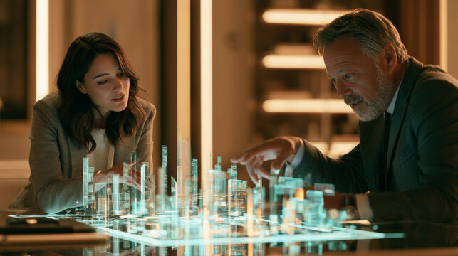 Futuristic wealth management scene with an advisor and client viewing a 3D investment portfolio above a glass table, transparent charts, elegant office, warm cinematic lighting, premium financial phot