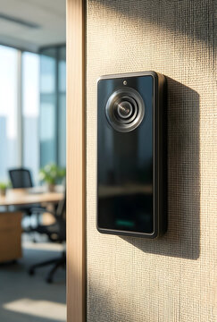 Office security and access control, smart video intercom system mounted on wall for corporate building entry and workplace surveillance monitoring