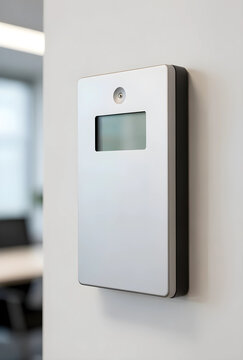 Access control and office security, electronic badge reader for employee identification and building entry mounted on a wall in a modern corporate office