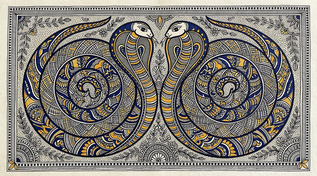 Intricate ancient manuscript illustration featuring two coiled cobras with ornate patterns and golden accents on dark background