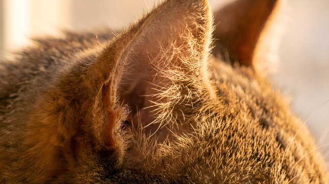 Close-up of tabby cats head with golden sunlight illuminating fur and whiskers